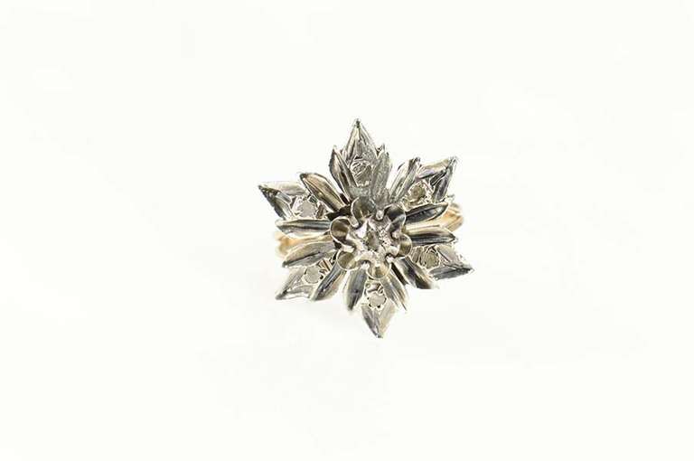 14K Yellow Gold Retro Diamond Flower Snow Flake Cocktail Ring