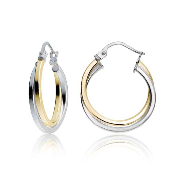 Gold Tone over Sterling Silver Two-Tone Intertwining Square Tube Polished Hoop Earrings, 20mm