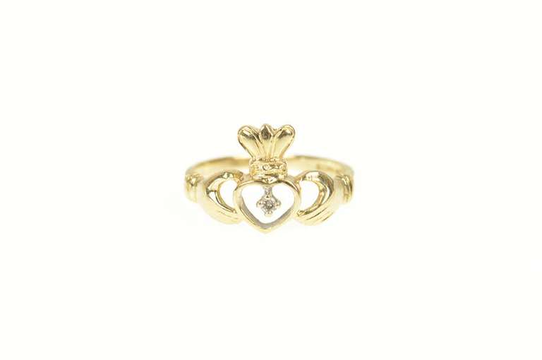 14K Yellow Gold Diamond Claddagh Traditional Irish Loyalty Ring