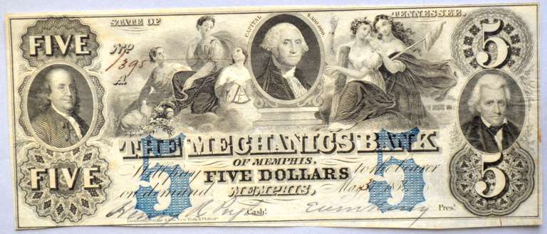 $5 Mechanics Bank Of Memphis 1854  Note