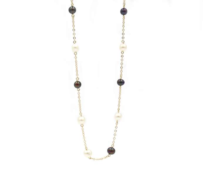 Elegant Black and White Pearl Station Necklace in 14K