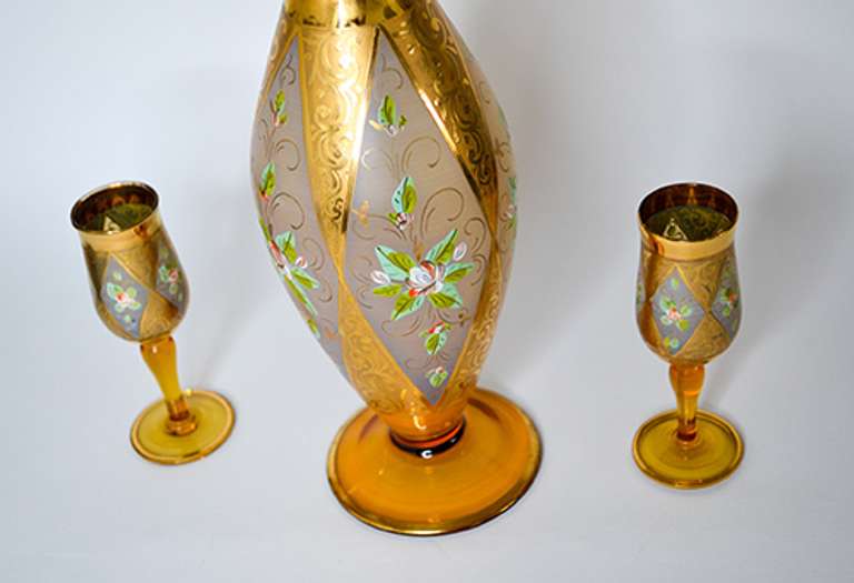 Vintage Italian Hand Painted 18K Gold and Enamel Venetian Crystal Decanter Set With Two Cordial Glasses