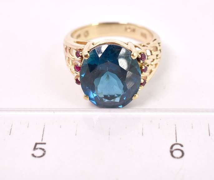 Luxurious London Blue Topaz and Ruby Ring in 14K Yellow Gold