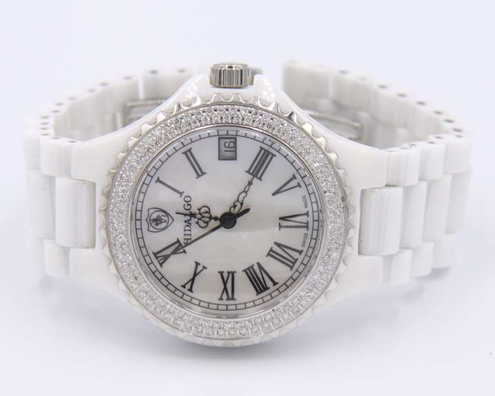 Hidalgo White Ceramic Roman Dial Diamond Bezel Watch