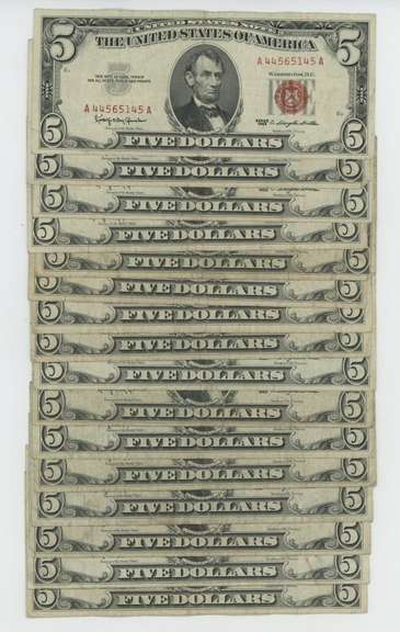 16 Series of 1953 Small Size $5 Red Seal notes