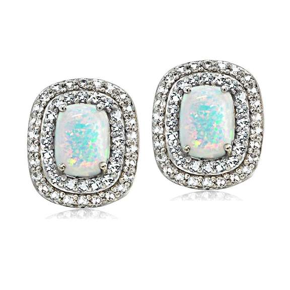 Sterling Silver Created Opal with Blue & White Topaz Oval Stud Earrings