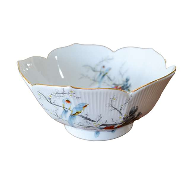 Gorgeous Fine China Bowl Made in Japan, with Exotic Blue Birds on Cherry Blossoms and Gilded Scalloped Edge
