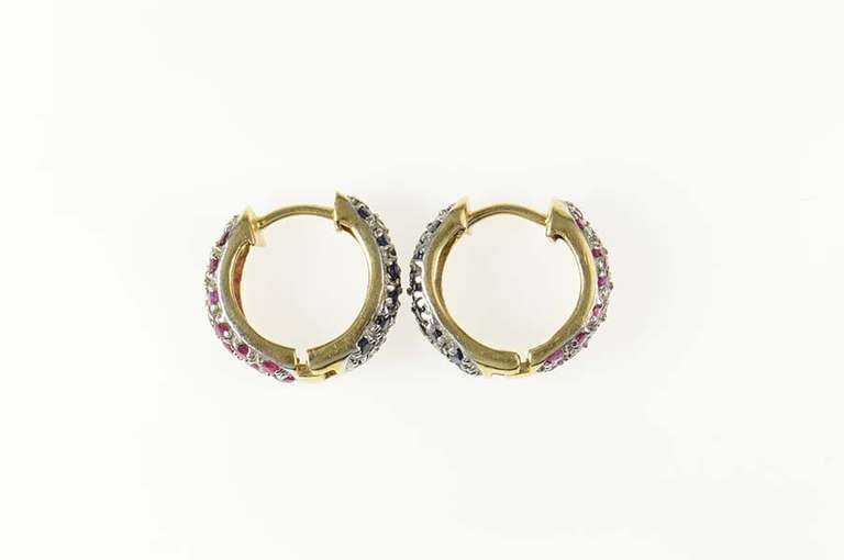 14K Yellow Gold Pave Sapphire Ruby Encrusted Huggie Hoop Earrings
