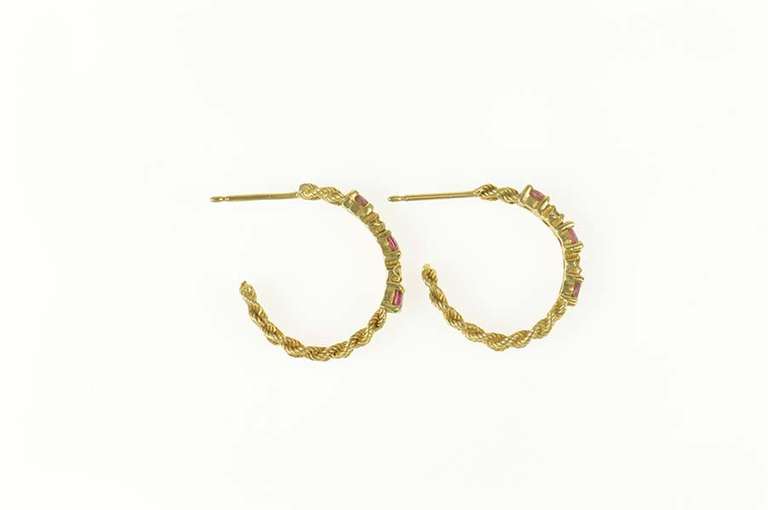 14K Yellow Gold Diamond Ruby Rope Chain Semi Hoop Earrings