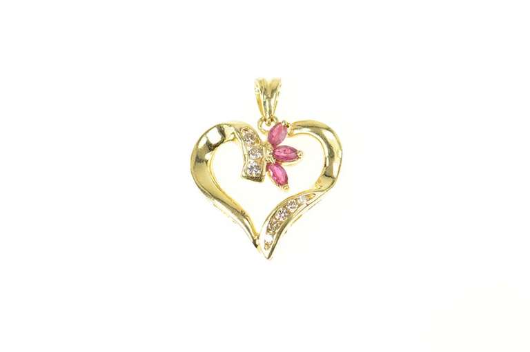 14K Yellow Gold Marquise Ruby Diamond Curvy Heart Love Pendant