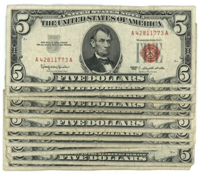 Lot of 12 Series of 1963 $5 Red Seal Notes