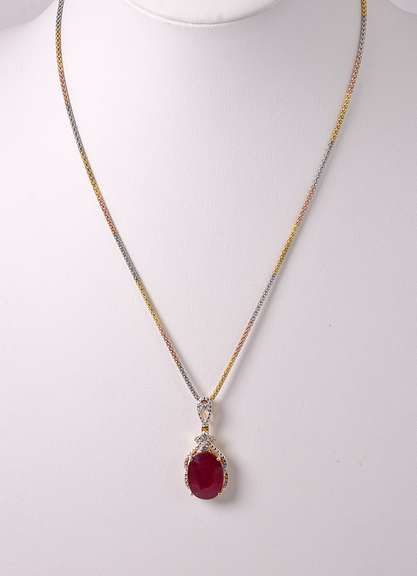 Incredible 11.10CTS Ruby and 0.14CTW Diamonds Pendant Necklace in Gold Plated Sterling Silver