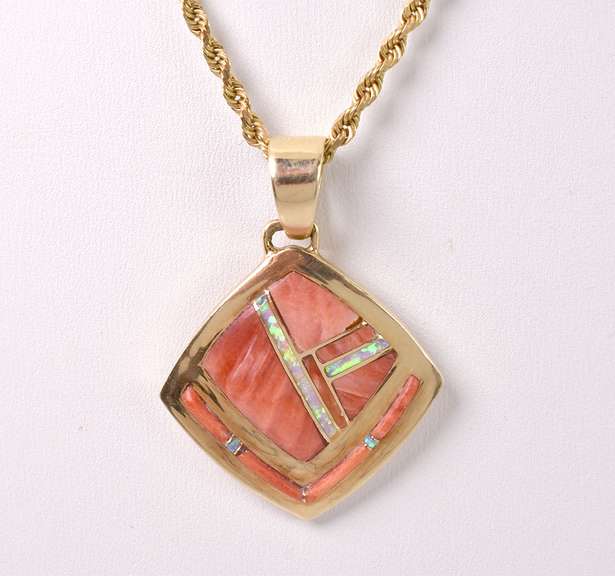 Beautiful Coral and Opal Pendant Necklace in 14K Yellow Gold