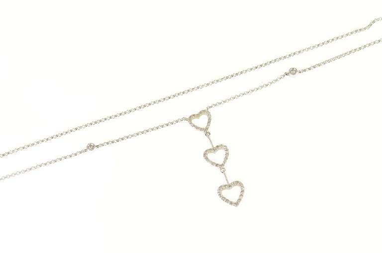 14K White Gold Diamond Tiered Heart Love Symbol Chain Link Necklace