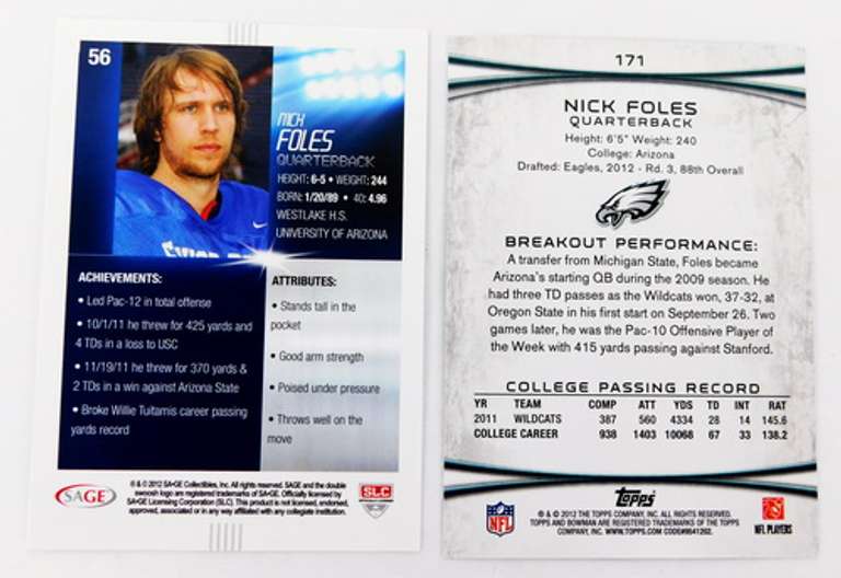 2 Nick Foles 2012 Rookie Football Cards