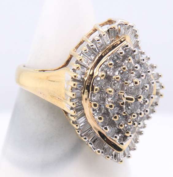 Dazzling Yellow Gold Baguette and RBC Diamond Cluster Ring