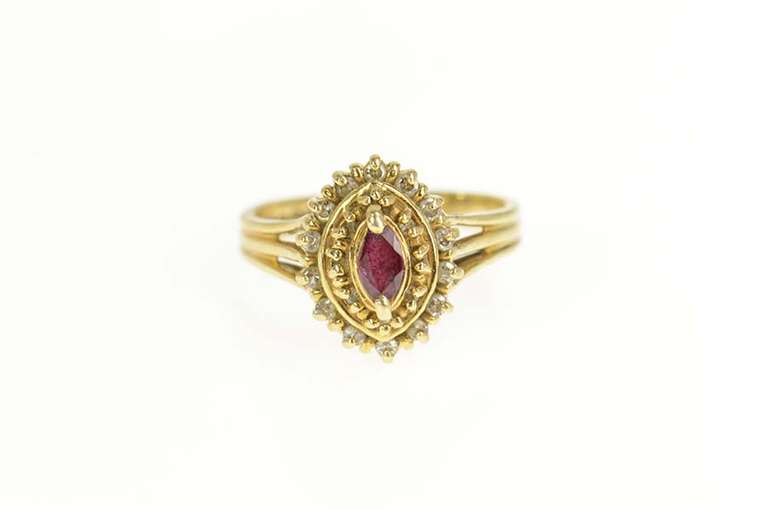14K Yellow Gold Marquise Ruby Diamond Halo Engagement Ring