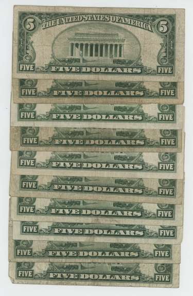 9 Assorted Old $5 Silver Certs & Notes: 1928, 1934, & 1953