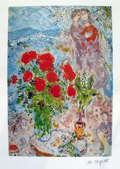 Marc Chagall, Red Bouquet With Lovers