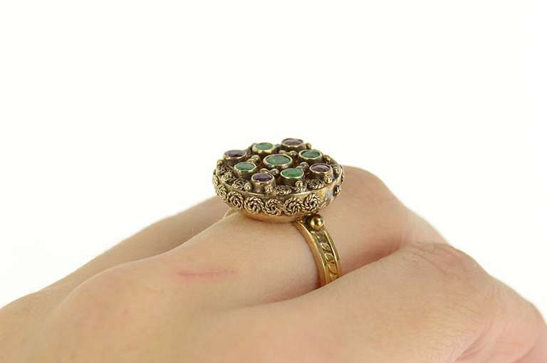 18K Yellow Gold Ruby Emerald Etruscan Revival Elaborate Ring