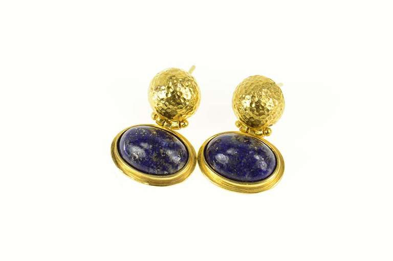 18K Yellow Gold Ornate Lapis Lazuli Textured Door Knocker Earrings