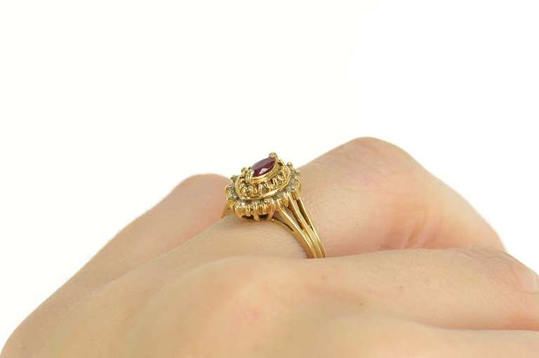 14K Yellow Gold Marquise Ruby Diamond Halo Engagement Ring