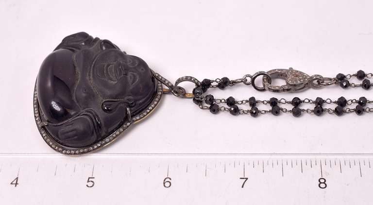 Fantastic Rare Jadeite Black Jade and Diamond Pendant with Beaded Black Spinel Necklace in Gold Plated Sterling Silver