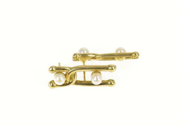 18K Yellow Gold Pearl Ornate Retro Criss Cross Drop Earrings