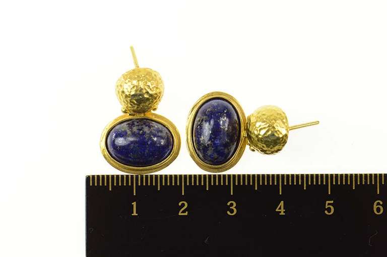 18K Yellow Gold Ornate Lapis Lazuli Textured Door Knocker Earrings
