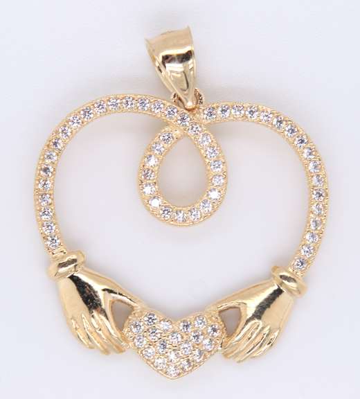 Fabulous Yellow Gold Claddagh Cubic Zirconia Heart Shaped Pendant