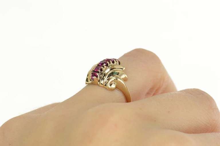 10K Yellow Gold 1930's Ornate Syn. Ruby Scroll Statement Ring