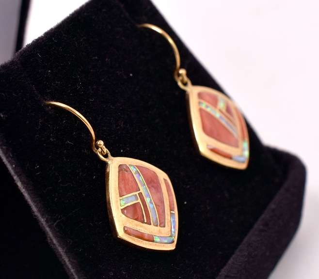 Darling Dangling Coral and Opal Earrings in Signed 14K Yellow Gold