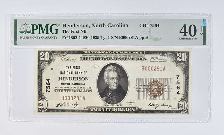1929 $20 First Nat'l Bank Henderson, NC FR#1802-1 - PMG - 40 EPQ XF