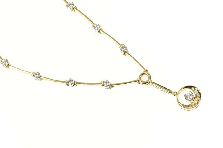 14K Yellow Gold 1.11 Ctw Ornate Retro Diamond Drop Bar Link Necklace