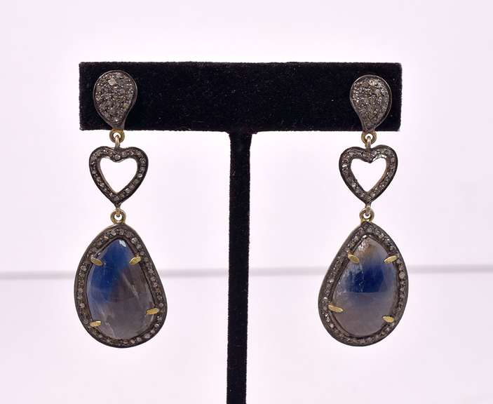 Ravishing Pair of 13.79CTW Rare Gray & Blue Sapphire & Diamond Earrings in Gold Plated Sterling Silver