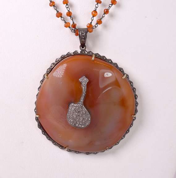 Dazzling Agate and Diamond Pendant and Beaded Carnelian Necklace in Gold Plated Sterling Silver