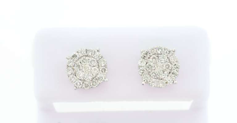 Large Round Cluster Diamond 14k White Gold Earrings