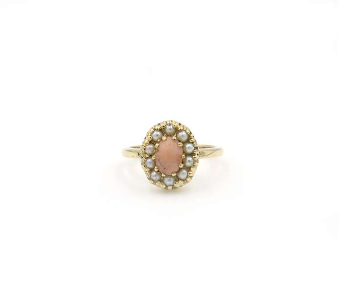 Stunning Oval Coral and Pearl Ring in 14K