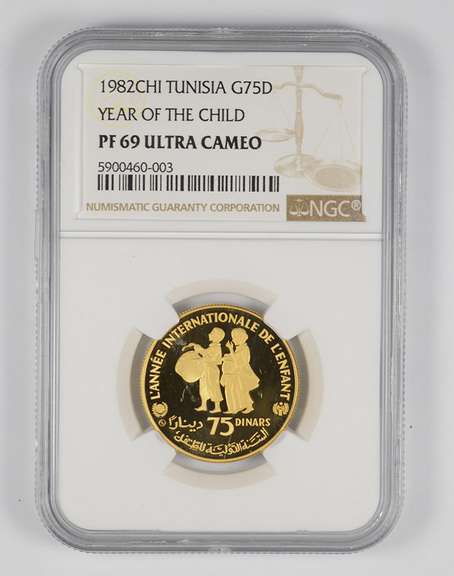 PF69UCAM 1982 Chi Tunisia 75 Dinars Gold Coin Year Of The Child - NGC