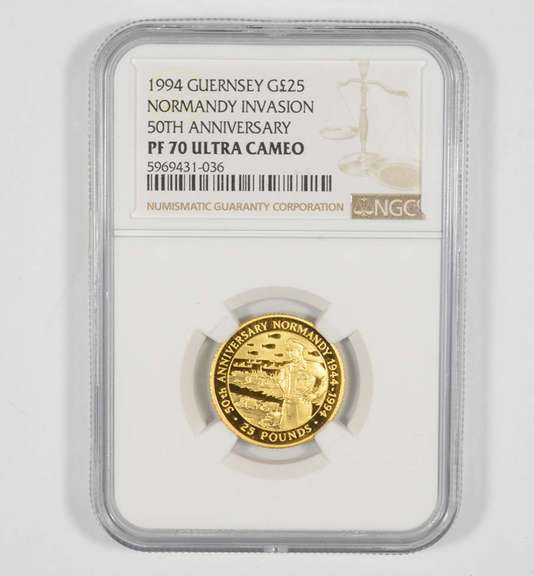 PF70 UCAM 1994 Guernsey 25 Gold Pounds Normandy Invasion Anniv - NGC