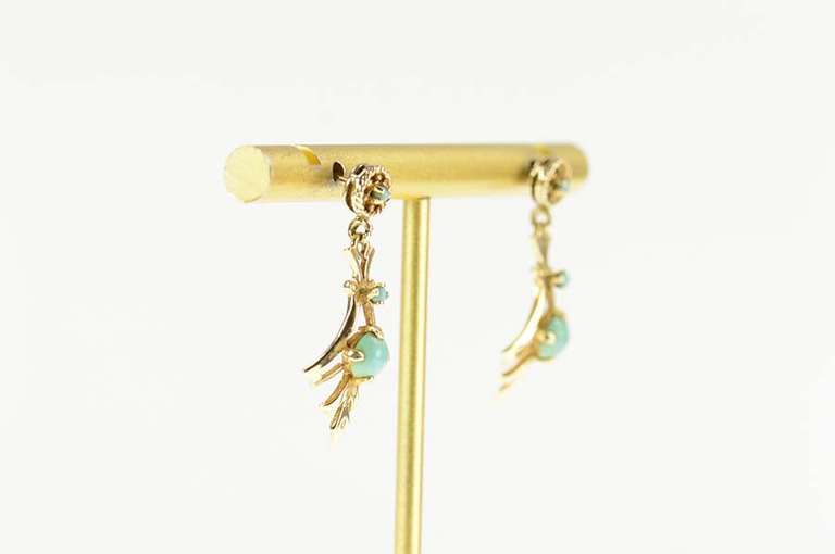 14K Yellow Gold Ornate Turquoise Ornamental Dangle Earrings