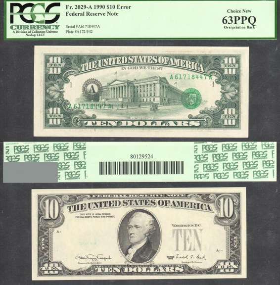 $10 1990 FRN Overprint on Back Error PCGS Choice New 63PPQ