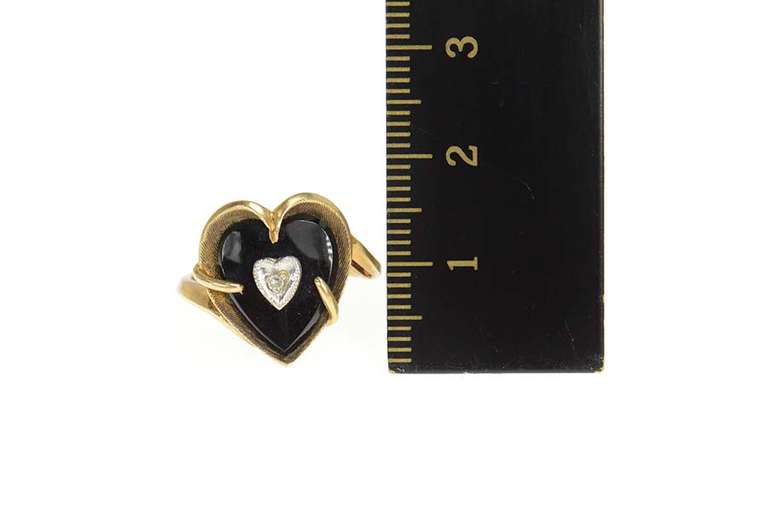 10K Yellow Gold Retro Black Onyx Heart Diamond Love Bypass Ring