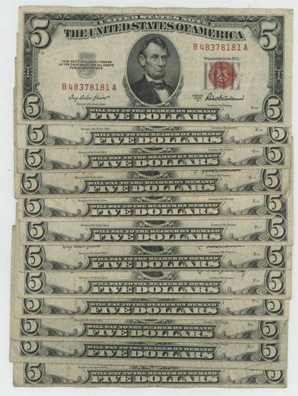 12 Series of 1953 Small Size $5 Red Seal notes