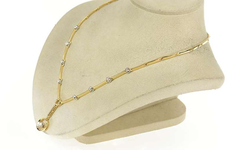 14K Yellow Gold 1.11 Ctw Ornate Retro Diamond Drop Bar Link Necklace