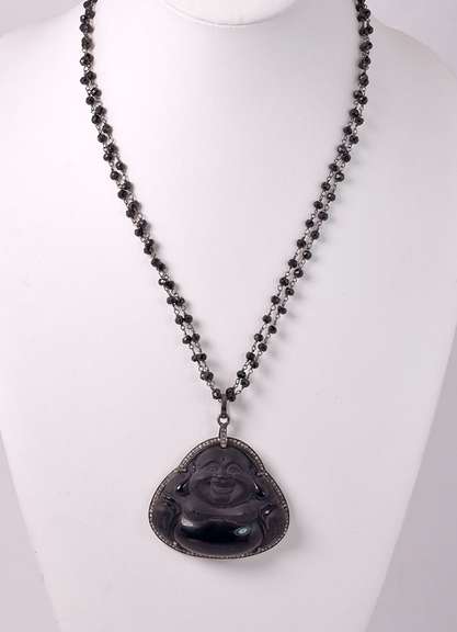 Fantastic Rare Jadeite Black Jade and Diamond Pendant with Beaded Black Spinel Necklace in Gold Plated Sterling Silver