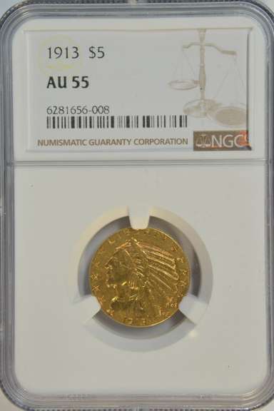 Near Mint 1913 US $5 Indian Gold Piece. NGC AU55