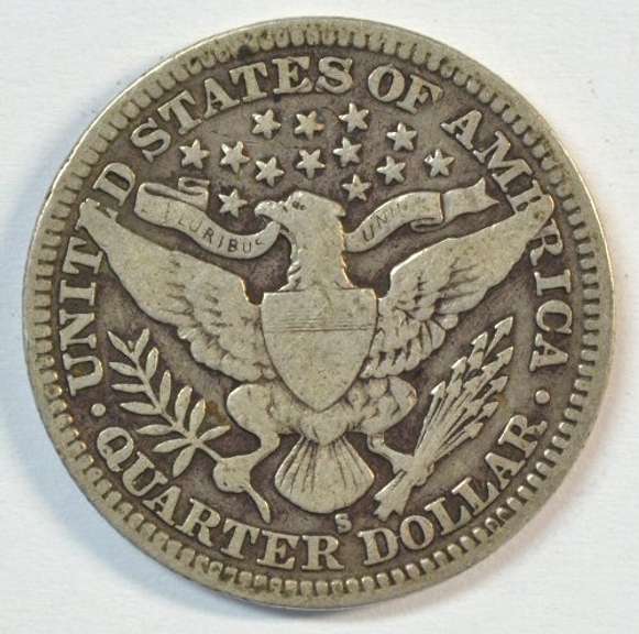 Scarce 1905-S Barber Head Quarter in Fine+