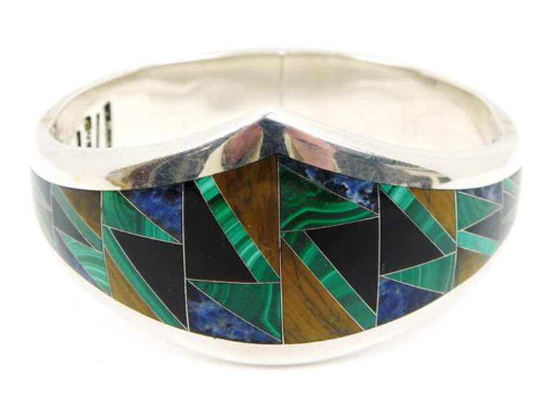 Heavy 950 Sterling Signed Taxco Gemstone Bangle Bracelet