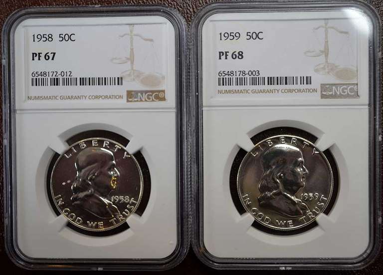 Lot Of 2 Franklin Half Dollars 1958 PF67 And 1959 PF68